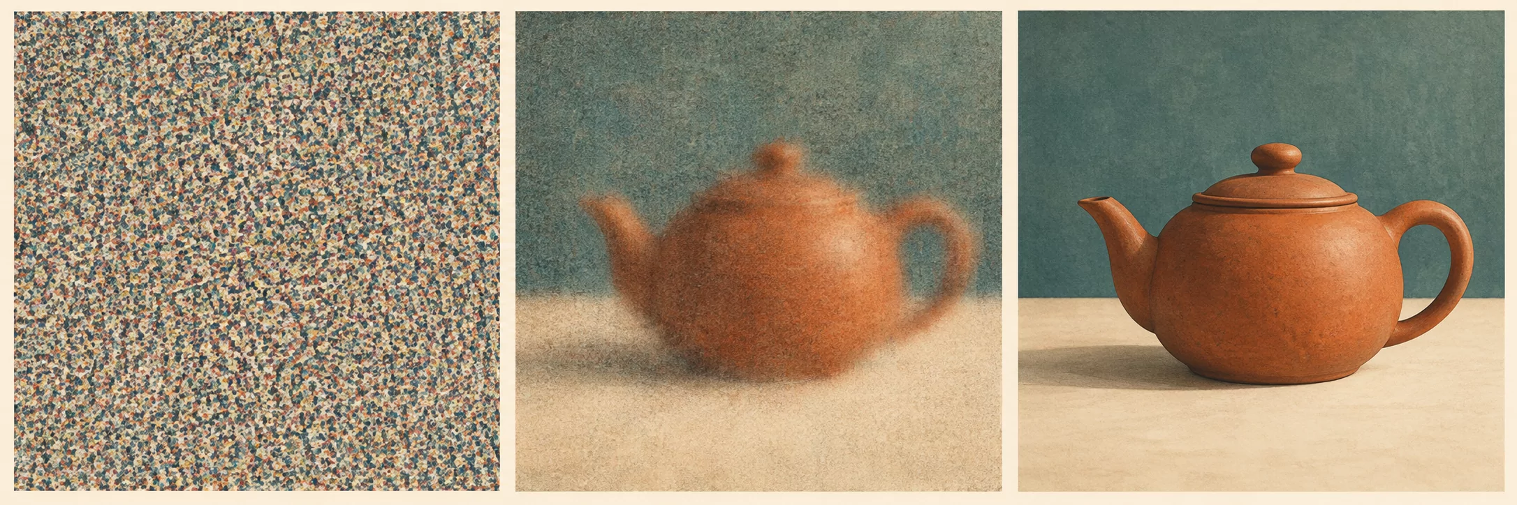 Three imagined stages: random noise, a blurry teapot emerging, and a clear teapot.