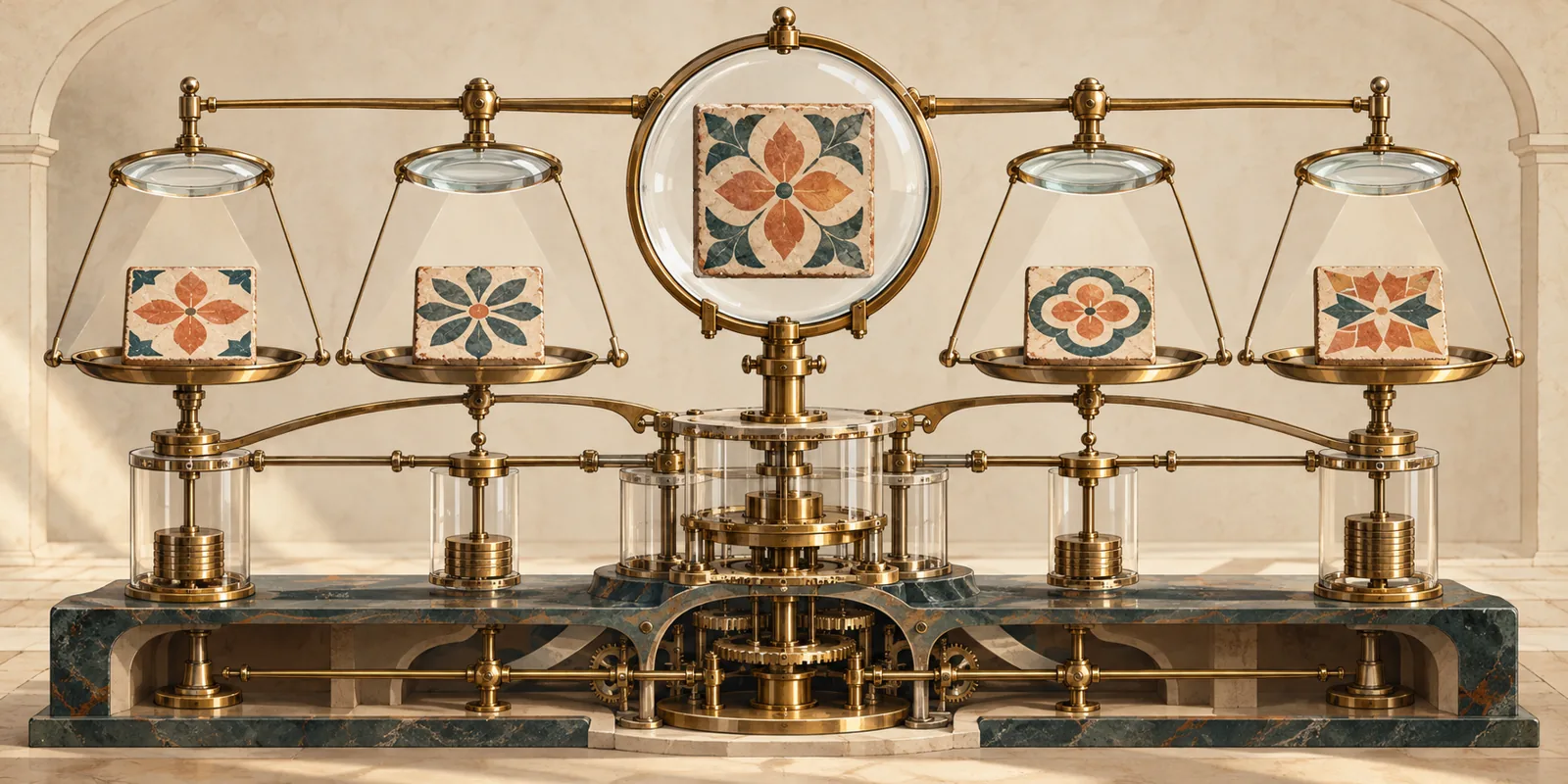 A brass balance and glass apparatus compare patterned tiles.