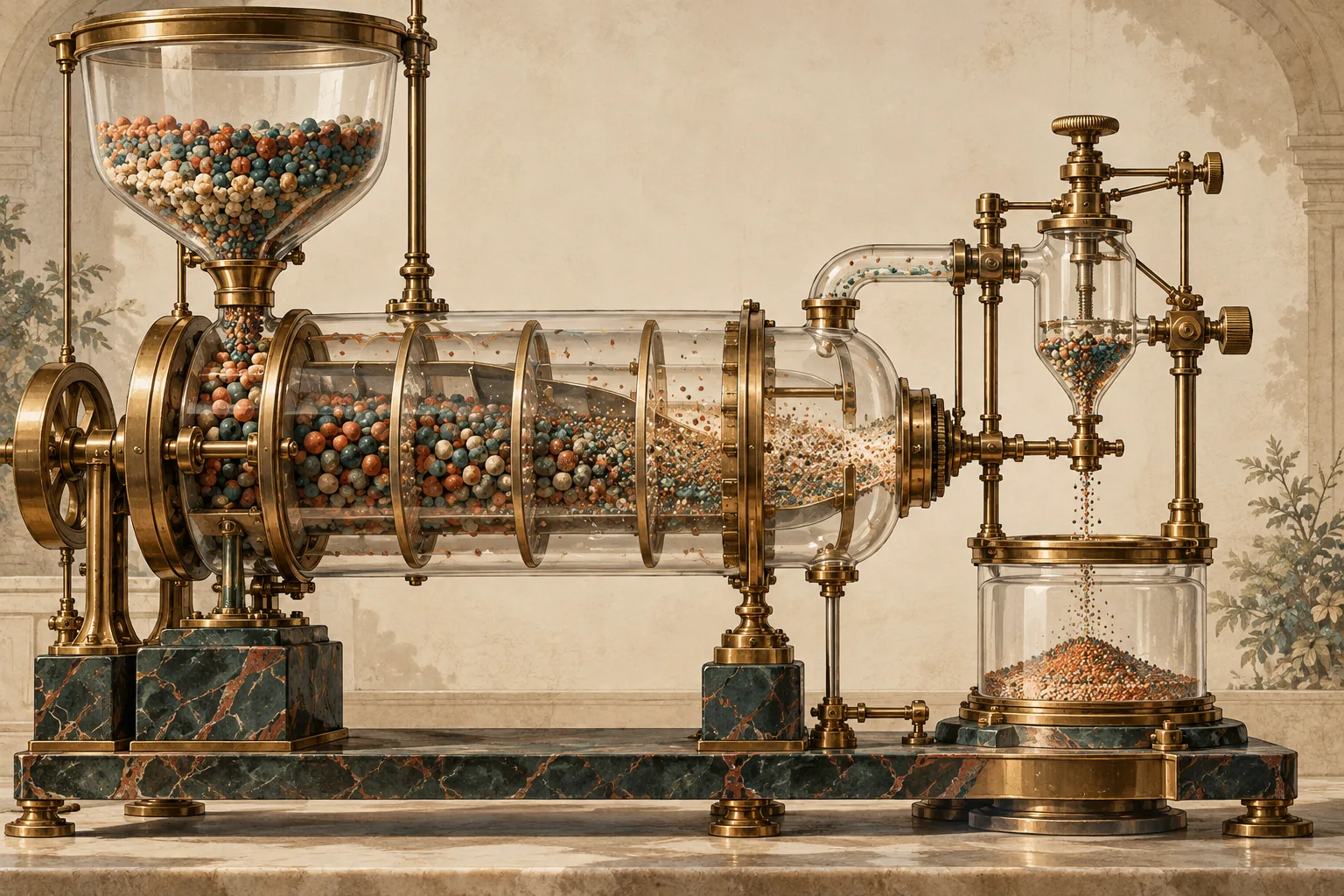A glass and brass machine feeds colored beads through a cylinder into a smaller vessel.