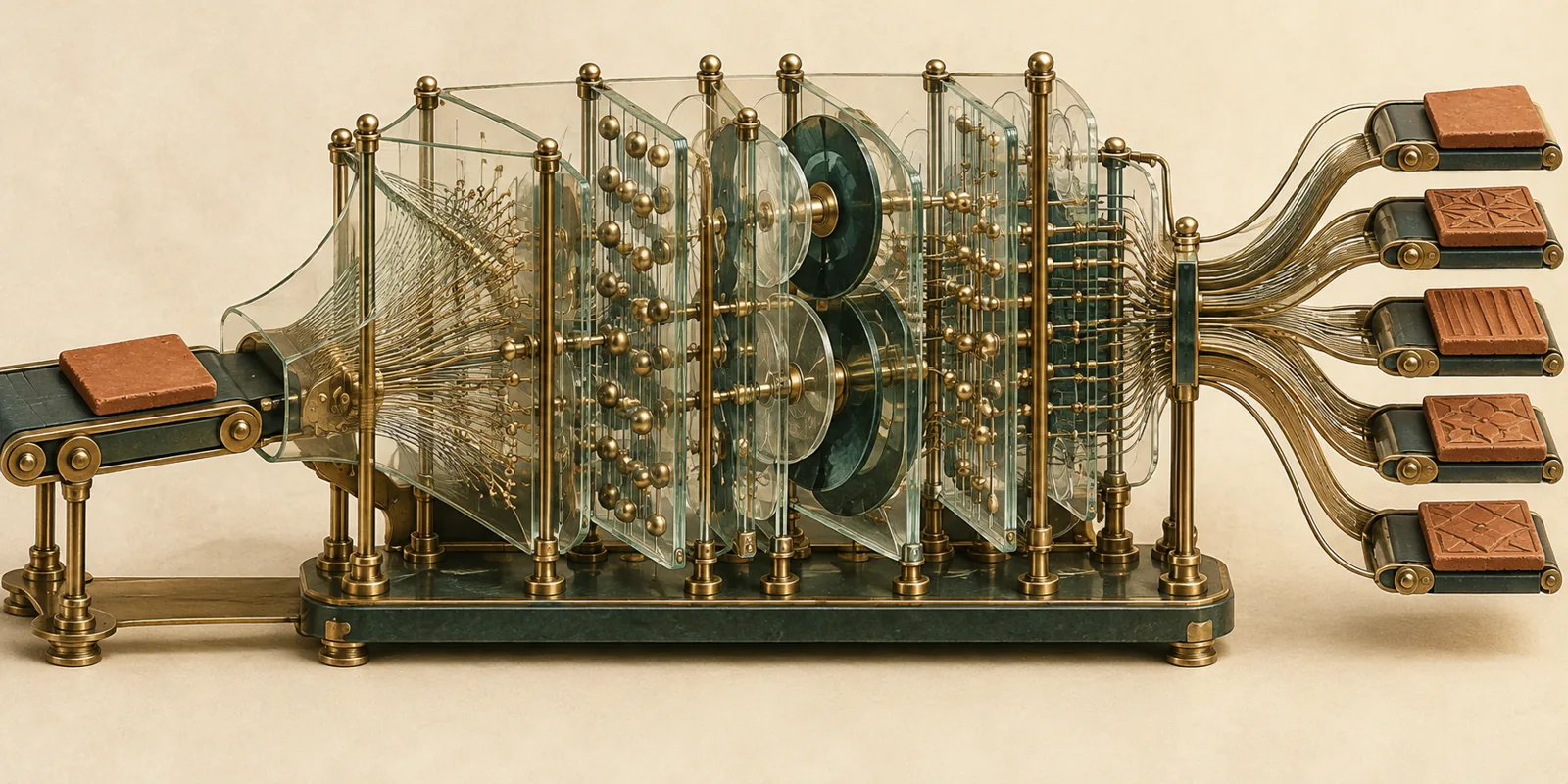 A tile passes through a layered machine toward possible next tiles.