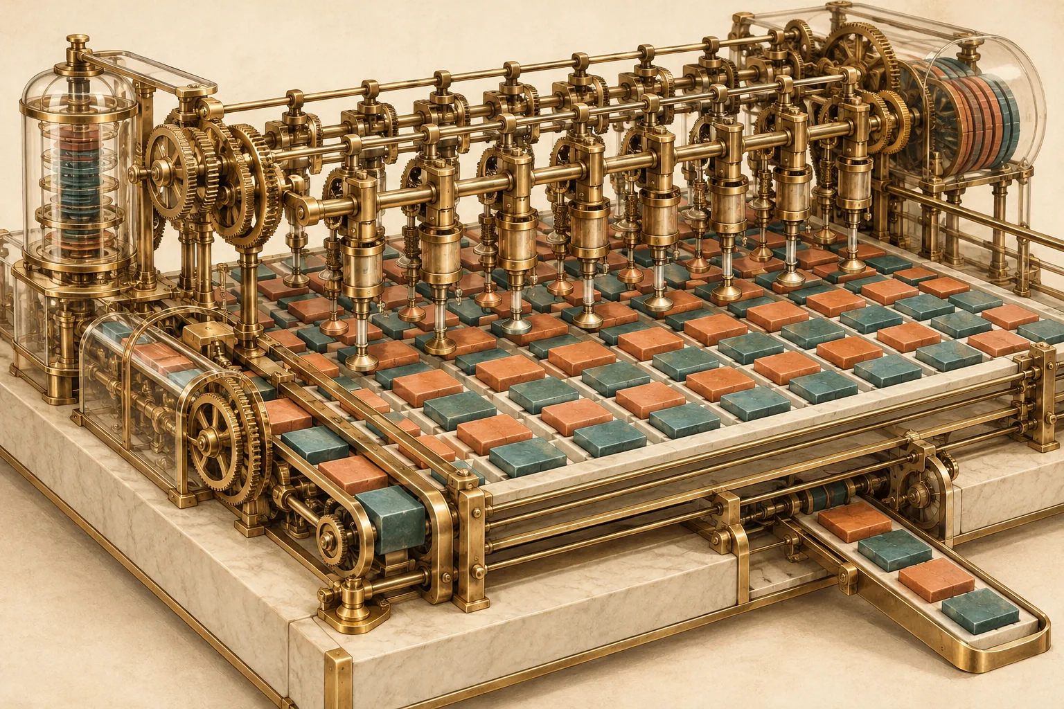 An array of brass mechanisms works on a grid of colored tiles.