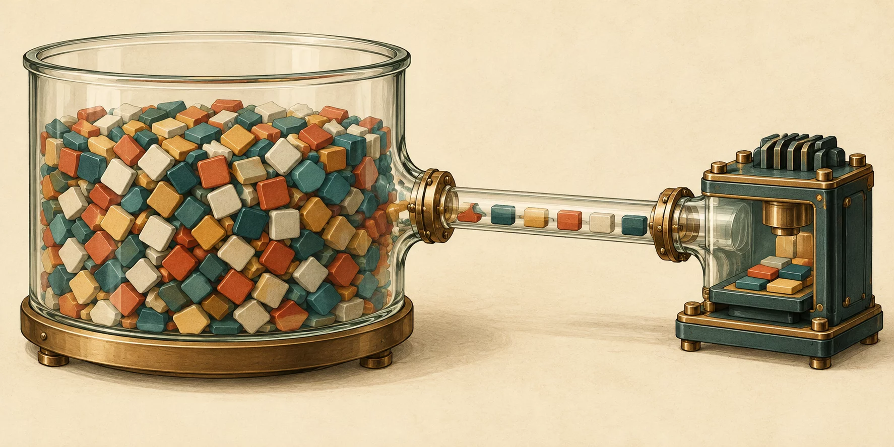 A large glass container of tiles connects to a processor through a narrow passage.