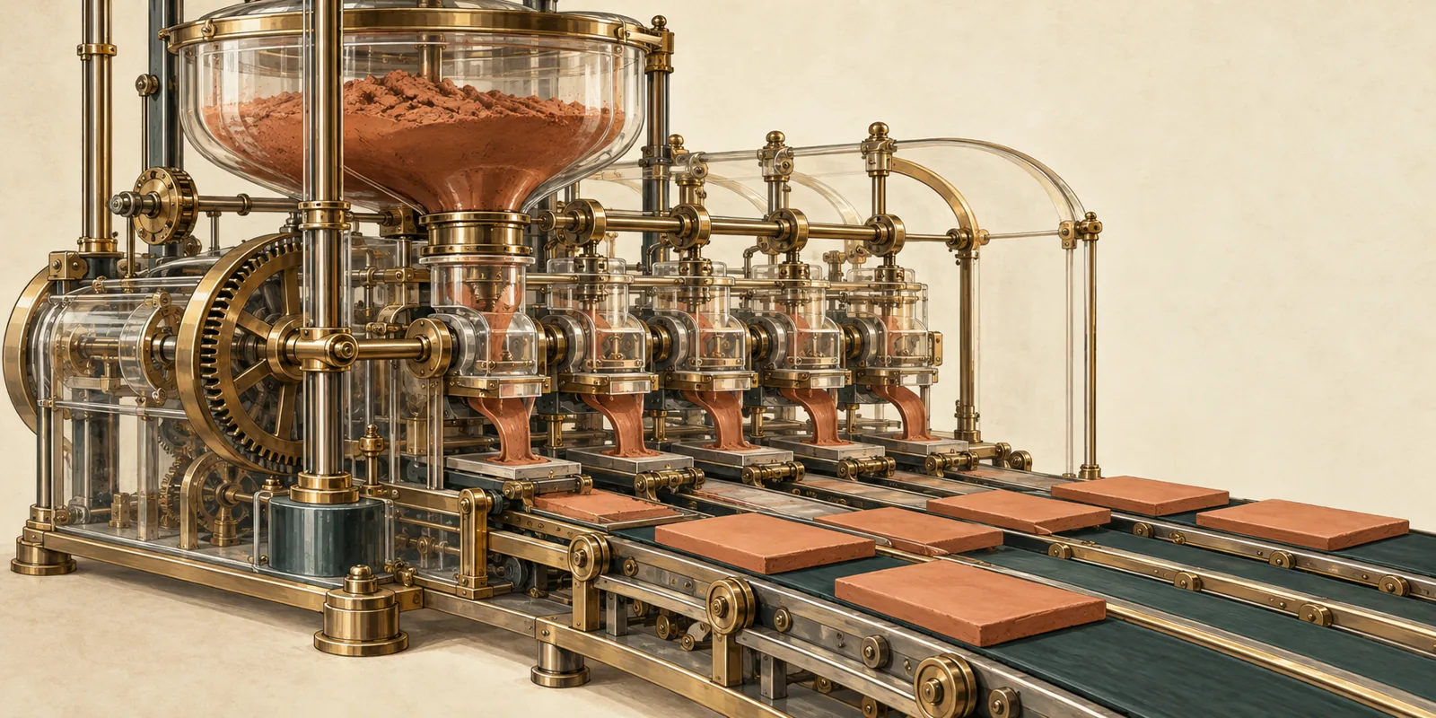 A glass and brass machine produces multiple tiles along parallel tracks.