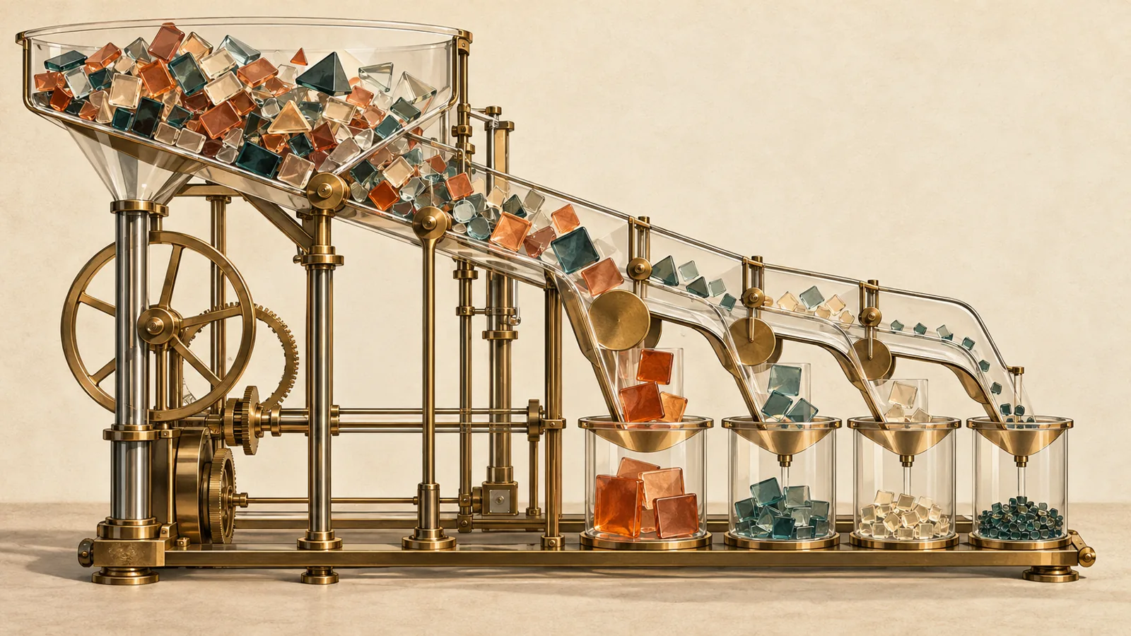 A glass and brass machine sorts colored tiles into discrete sizes.
