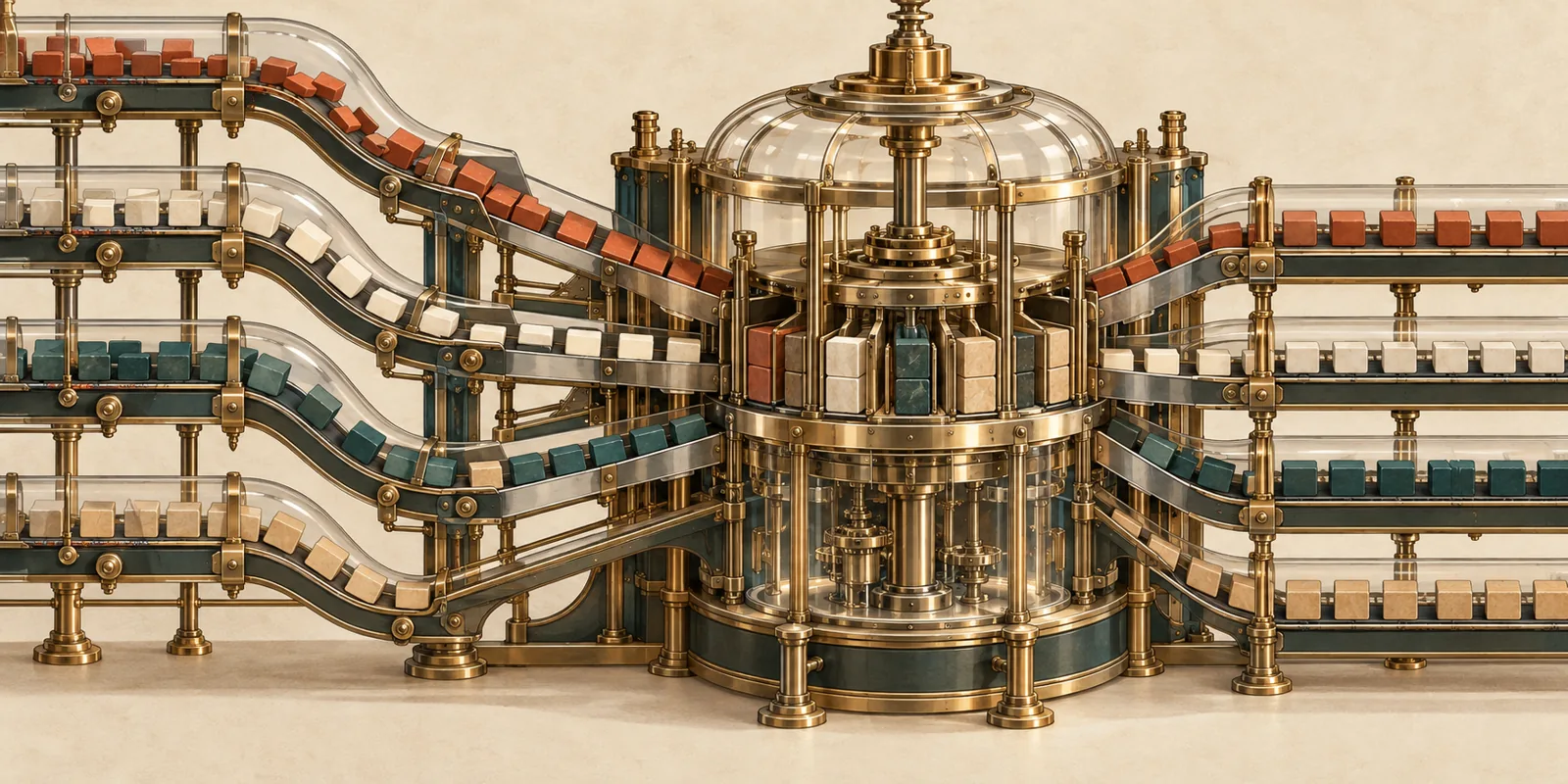 A glass and brass machine groups streams of tiles on tracks toward a central processor.