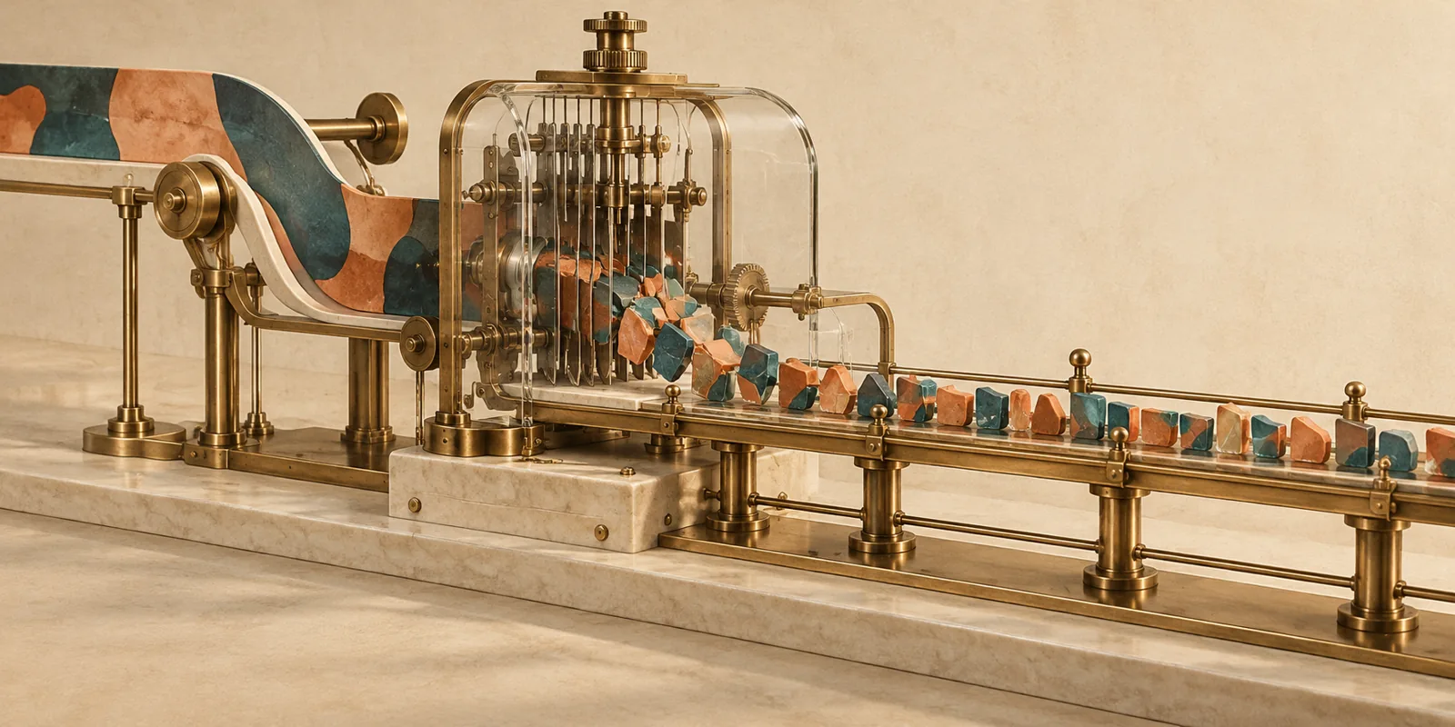 A strip separates into colored tiles along a brass rail.
