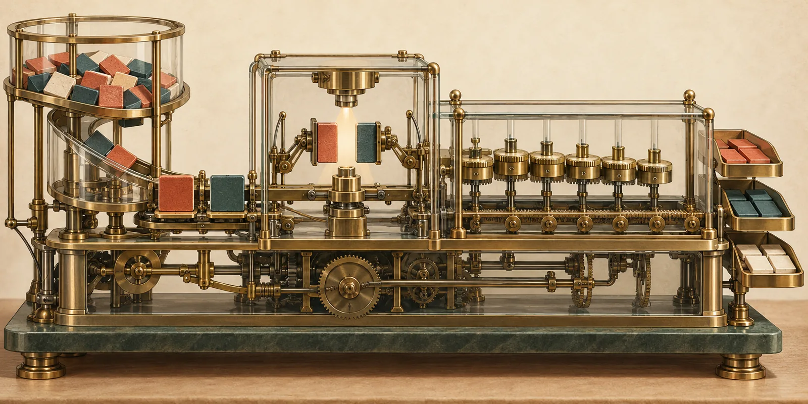 A glass and brass machine compares tiles and adjusts brass dials.
