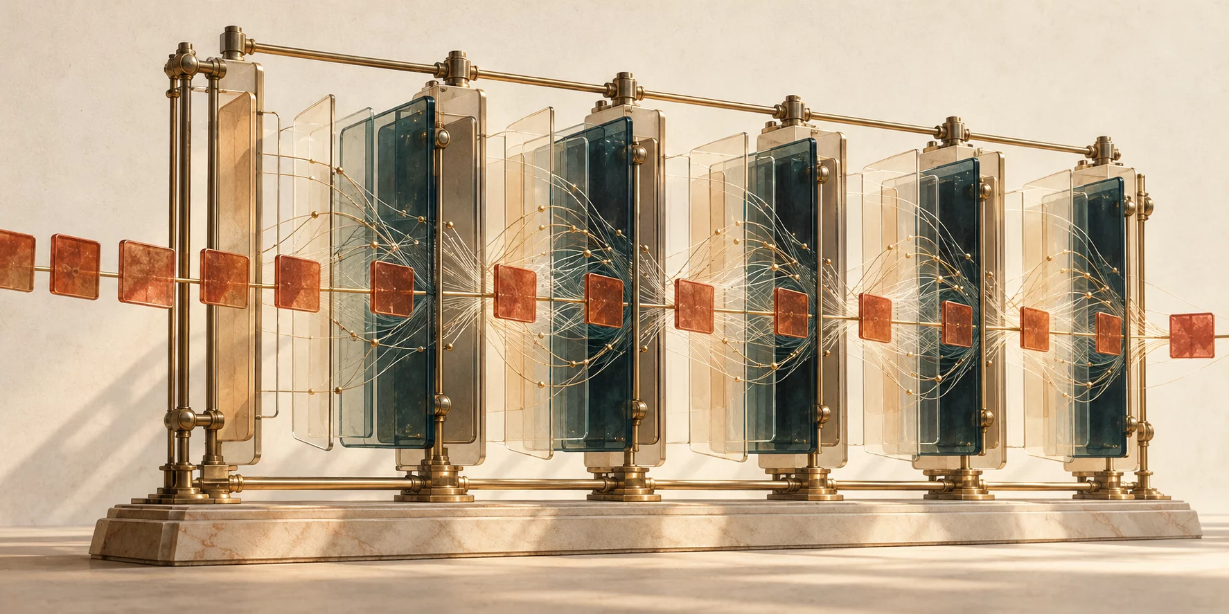 A layered glass-and-brass machine with small tiles passing through it.